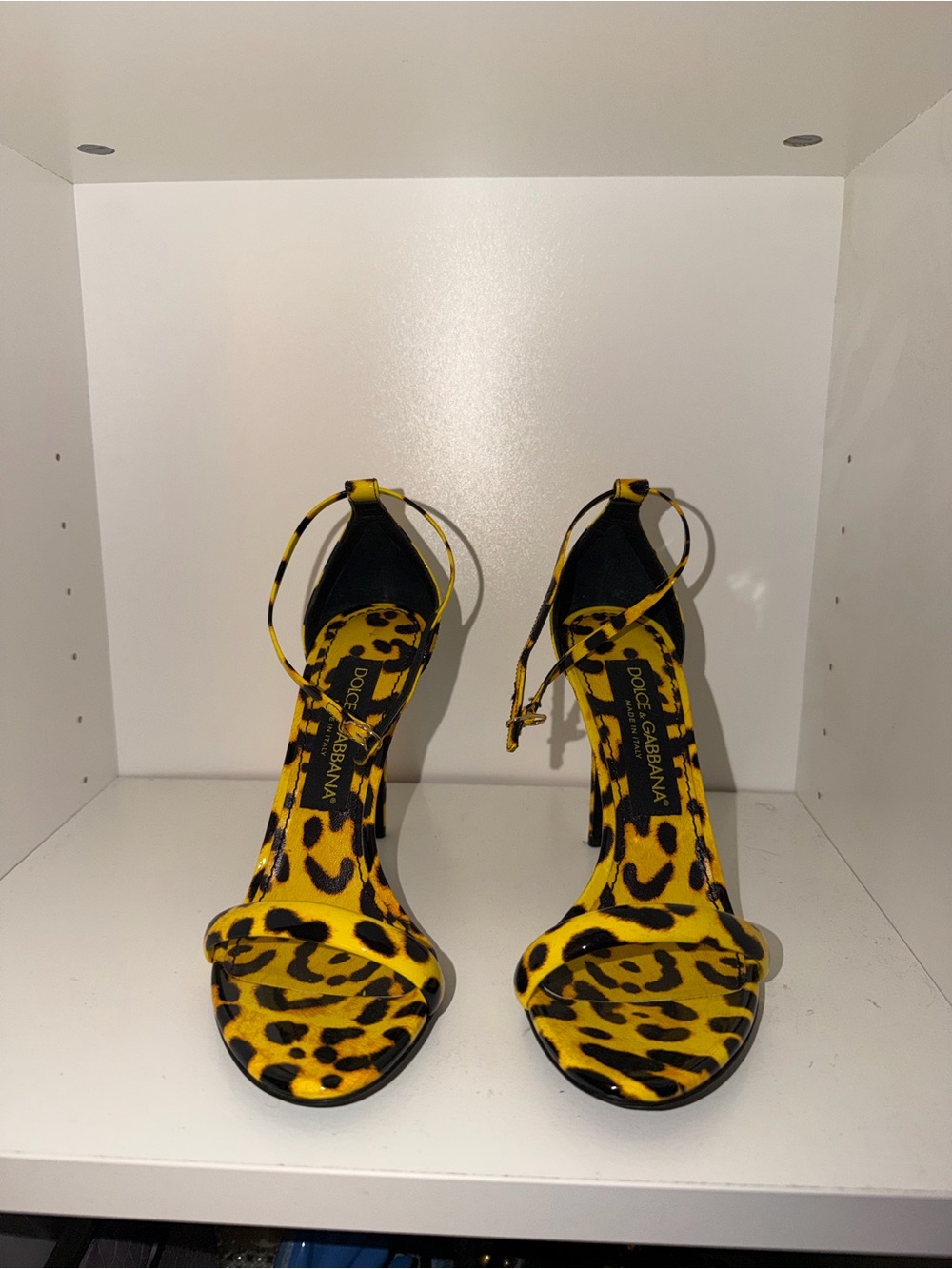 Dolce & Gabbana Yellow and Black Leopard Print Ankle-Strap Stilettos - Picture 2 of 3